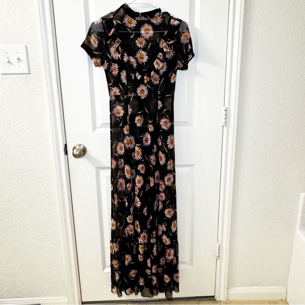 Women Y2K Whimsigoth Floral Sheer Trim Maxi Dress Sz S Romantic Cocktail Witchy